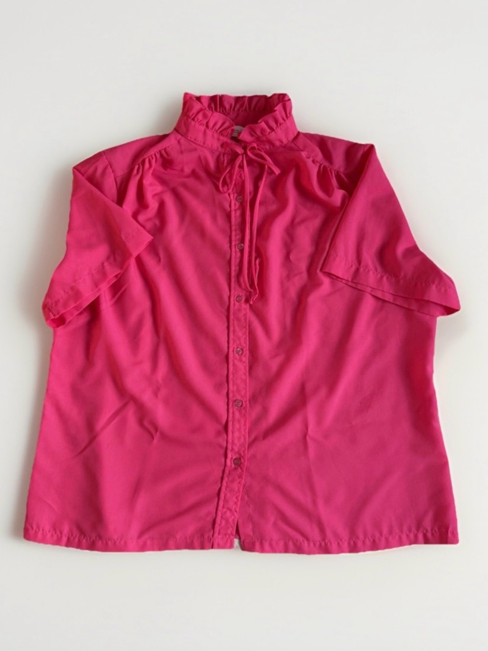 Vintage Alicia Hot Pink Ruffle Mock Neck Blouse 1970s Secretary Pussybow Top 42 - Picture 3 of 12